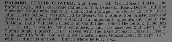 Palmer L C 2nd Lt 4th Suffolk Regiment Obit De Ruvignys Roll Of Honour Vol 4