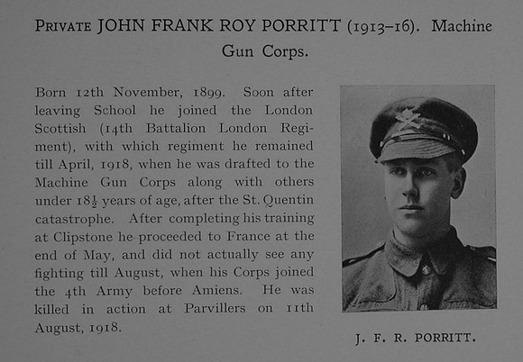 Porritt J F R Pte 146041 Machine Gun Corps (Infantry) Obit Dulwich College Roll Of Honour