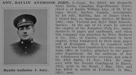 Amy R A J LCpl 63057 4th Canadian Infantry Obit