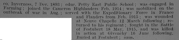 Tulloch H L/Cpl 4th Cameron Highlanders Obit Part 2 De Ruvignys Roll Of Honour Vol 3