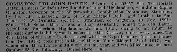 Ormiston U J B Pte 202957 8th Argyll & Sutherland Highlanders Obit De Ruvignys Roll Of Honour Vol 4