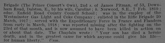Pitman H F Rfn 34699 18th Rifle Brigade Obit Part 2 De Ruvignys Roll Of Honour Vol 5
