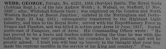 Webb G Pte 41231 16th Royal Scots Obit De Ruvignys Roll Of Honour Vol 4