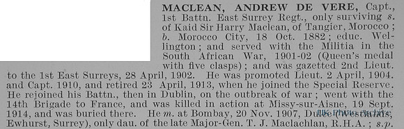 MacLean A De V Captain 1st East Surrey Regiment Obit