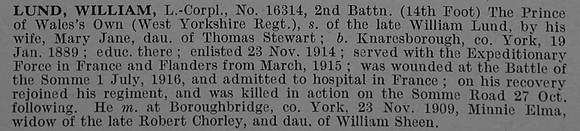 Lund W LCpl 16314 2nd West Yorkshire Regiment (Prince of Wales's Own) Obit De Ruvignys Roll Of Honour Vol 4