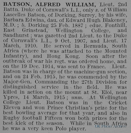 Batson A W Lt 2nd Duke Of Cornwalls LI Obit De Ruvignys Roll Of Honour Vol 1