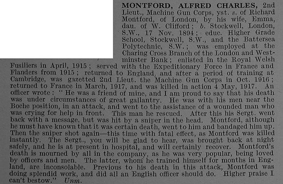 Montford A C 2nd Lt Machine Gun Corps Obit De Ruvignys Roll Of Honour Vol 4