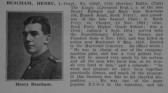 Beacham H L/Cpl 15847 17th Kings Liverpool Regiment Obit Part 1 De Ruvignys Roll Of Honour Vol 4