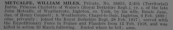 Metcalfe W M Pte 38853 4th Royal Berkshire Regiment Obit De Ruvignys Roll Of Honour Vol 4