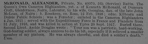 McRonald A Pte 40070 5th Cameron Highlanders Obit De Ruvignys Roll Of Honour Vol 4