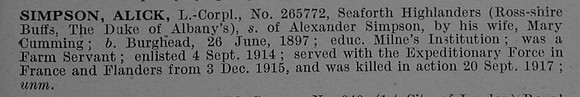 Simpson A LCpl 265772 4th Seaforth Highlanders Short Obit De Ruvignys Roll Of Honour Vol 4