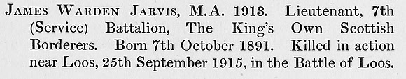 Jarvis J W Lt 7th Kings Own Scottish Borderers Obit St Andrews University Roll Of Service