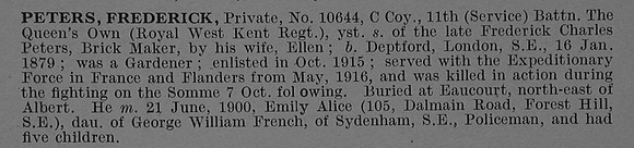 Peters F Pte 10644 11th Queen's Own Royal West Kent Regiment Obit De Ruvignys Roll Of Honour Vol 4