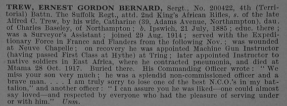 Trew E G B Sergt 200422 4th Suffolk Regiment Obit De Ruvignys Roll Of Honour Vol 4