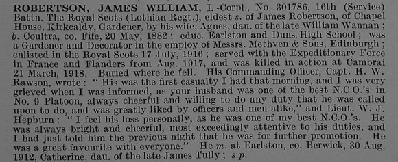 Robertson J W LCpl 301786 16th Royal Scots Obit De Ruvignys Roll Of Honour Vol 4