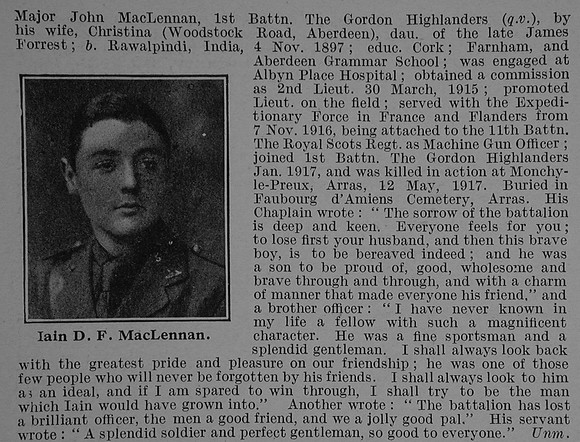 MacLennan I D F Lt 3rd Attd 1st Gordon Highlanders Obit Part 2 De Ruvignys Roll Of Honour Vol 4