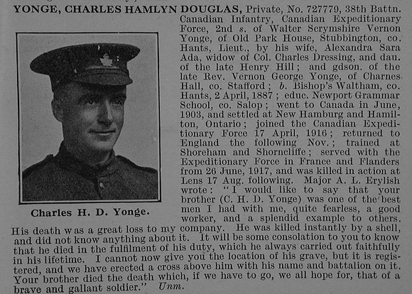 Yonge C D H Pte 727779 38th Canadian Infantry (Eastern Ontario Regiment) Obit De Ruvignys Roll Of Honour Vol 4