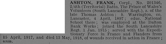 Ashton F Cpl 201346 4th South Lancs Regiment Obit De Ruvignys Roll Of Honour Vol 4