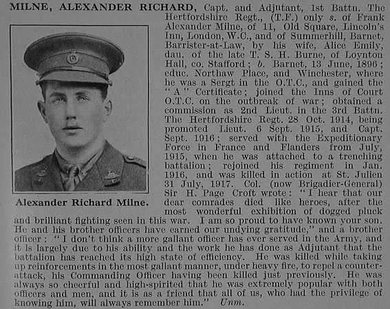 Milne A R Captain 1st Hertfordshire Regiment Obit De Ruvignys Roll Of Honour Vol 3