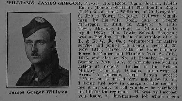 Williams J G Pte 512050 14th London Regiment (London Scottish) Obit Part 1 De Ruvignys Roll Of Honour Vol 3