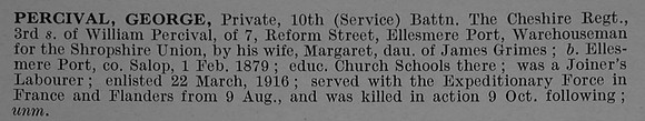 Percival G Pte 36383 10th  Cheshire Regiment Short Obit De Ruvignys Roll Of Honour Vol 4