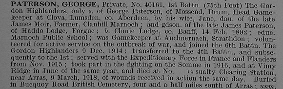 Paterson G Pte 40161 1st Gordon Highlanders Obit De Ruvignys Roll Of Honour Vol 4