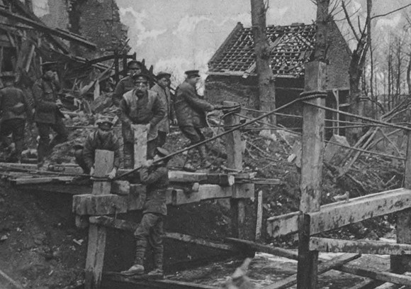A Blown Up Wooden Bridge At Nesle Being Repaired By British Soldiers During The Advance