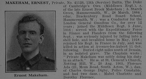 Makeham E Pte 41126 13th Middlesex Regiment Obit De Ruvignys Roll Of Honour Vol 4