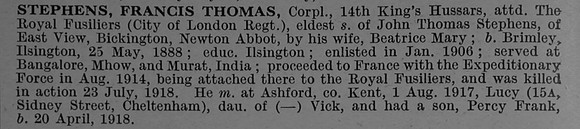 Stephens F T Cpl L/17615 14th Hussars Attd 13th Royal Fusiliers Obit De Ruvignys Roll Of Honour Vol 4