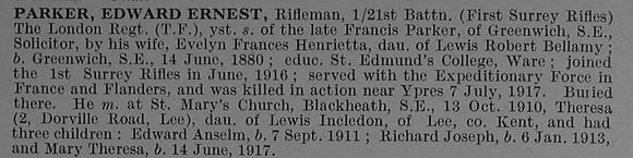 Parker E E Rfn 21st London Regiment Obit De Ruvignys Roll Of Honour Vol 4