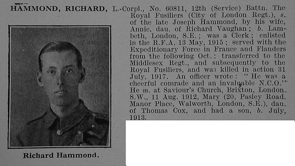 Hammond R L/Cpl 60811 12th Royal Fusiliers Obit De Ruvignys Roll Of Honour Vol 5