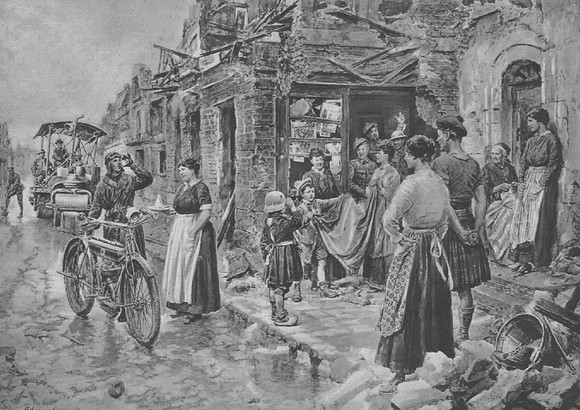 A British Despatch Rider Enjoying Refreshment In A French Village