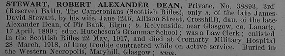 Stewart R A D Pte 38893 3rd Cameronians (Scottish Rifles) Obit De Ruvignys Roll Of Honour Vol 4