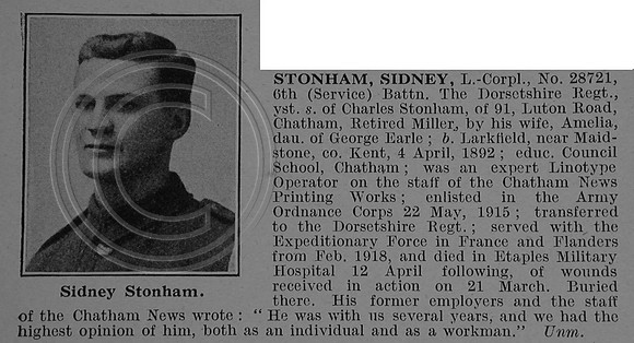 Stonham S L/Cpl 28721 6th Dorset Regiment Obit De Ruvignys Roll Of Honour Vol 4