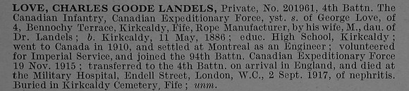 Love C G L Pte 201961 4th Canadian Infantry (Central Ontario Regiment) Obit De Ruvignys Roll Of Honour Vol 4