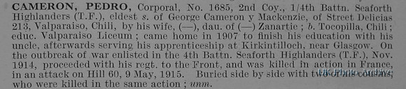 Cameron P Cpl 1685 4th Seaforth Highlanders Obituary De Ruvignys Roll Of Honour Vol 1