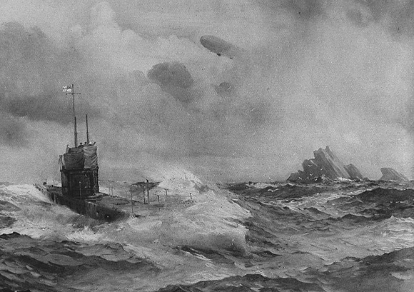 A Zeppelin Flying Over A British Submarine In The Stormy Baltic Seas