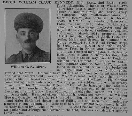Birch W C K Captain MC 2nd Yorkshire Regt Obit De Ruvignys Roll Of Honour Vol 4