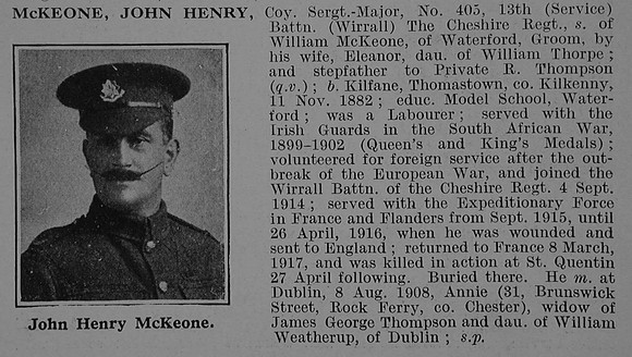 McKeone J H Coy Sergt Major 405 13th Cheshire Regiment Obit De Ruvignys Roll Of Honour Vol 5