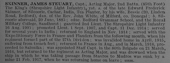 Skinner J S Captain 2nd King's Shropshire Light Infantry Obit De Ruvignys Roll Of Honour Vol 4