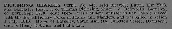 Pickering C Cpl 645 14th York & Lancaster Regiment Short Obit De Ruvignys Roll Of Honour Vol 4