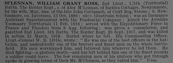 McLennan W G R 2nd Lt 5th Border Regiment Obit De Ruvignys Roll Of Honour Vol 4