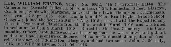Lee W E Sergt 9852 5th Cameronians Obit De Ruvignys Roll Of Honour Vol 4