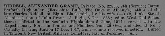 Riddell A G Pte 22855 7th Seaforth Highlanders Obit De Ruvignys Roll Of Honour Vol 4