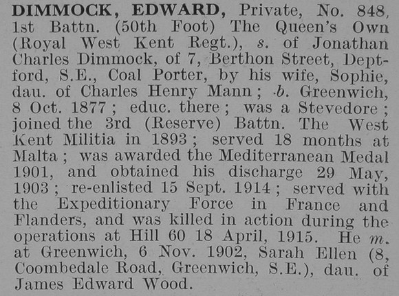 Dimmock E Pte 1st Royal West Kent Regiment Obit De Ruvignys Roll Of Honour Vol 3
