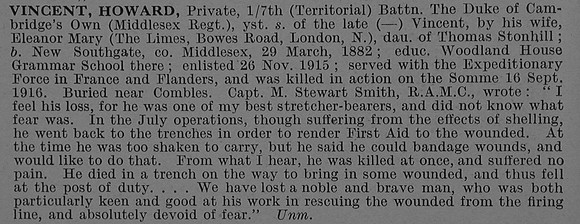 Vincent H Pte 5597 7th Middlesex Regiment Obit De Ruvignys Roll Of Honour Vol 4