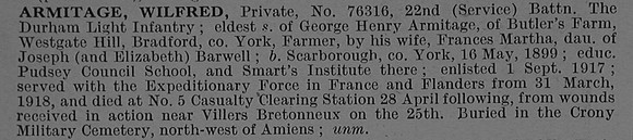 Armitage W Pte 76316 22nd Durham Light Infantry Obit De Ruvignys Roll Of Honour Vol 4
