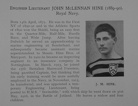 Hine J M Eng Lt H.M.S. Invincible Royal Navy Obit Dulwich College Roll Of Honour