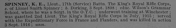 Spinney K E Lt 17th Kings Royal Rifle Corps Short Obit De Ruvignys Roll Of Honour Vol 4