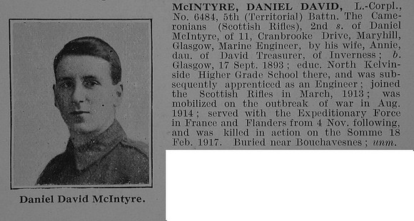 McIntyre D D L/Cpl 5th Cameronians Obit De Ruvignys Roll Of Honour Vol 3
